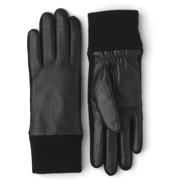 Hestra - Handske i sort skind med strik - Jeanne