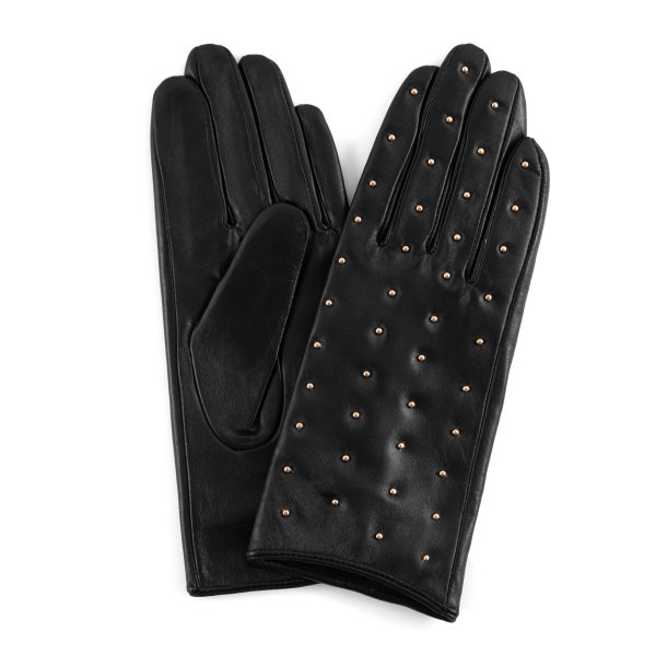 Depeche - Handske i sort skind med guldnitter