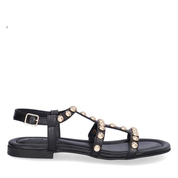 Billi Bi - Flad sandal i sort med remme og guld-nitter - A7109