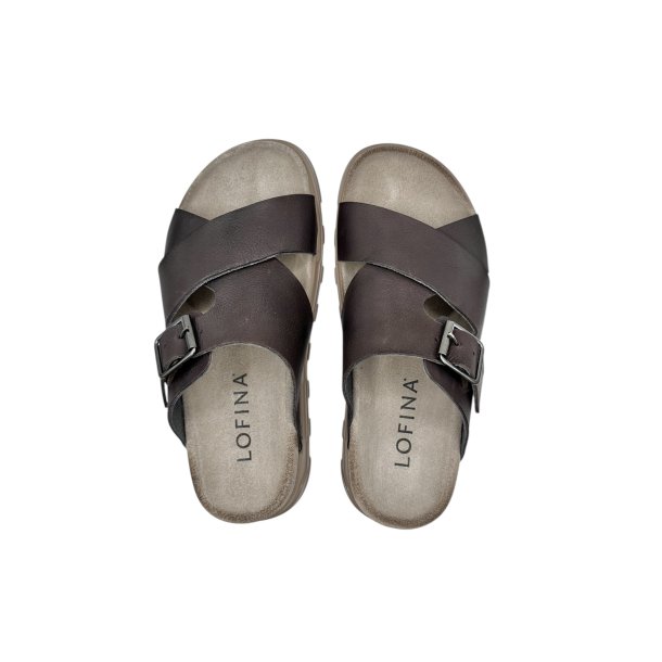 Lofina - Slippers i m�rkebrunt glat skind med sp�nde - 9624