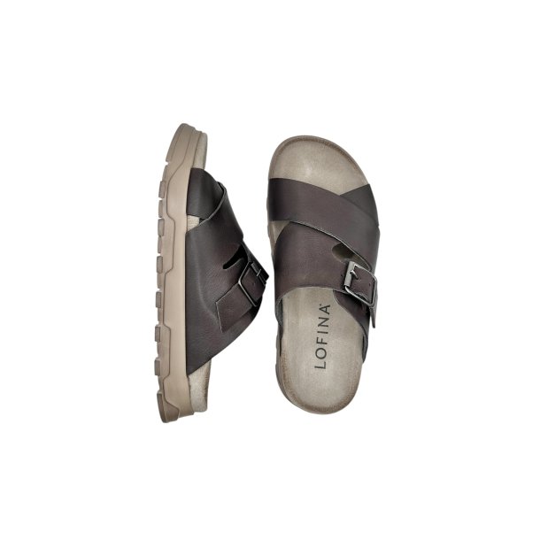 Lofina - Slippers i m�rkebrunt glat skind med sp�nde - 9624