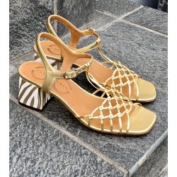 Cie Mihara - Sandal i flettet guld med blokhl i strib - Lantes 