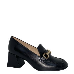 Wonders - Loafer i sort med guldbidsel og blokhl - 6204