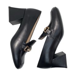Wonders - Loafer i sort med guldbidsel og blokhl - 6204