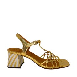 Cie Mihara - Sandal i flettet guld med blokhl i strib - Lantes 