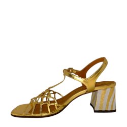 Cie Mihara - Sandal i flettet guld med blokhl i strib - Lantes 