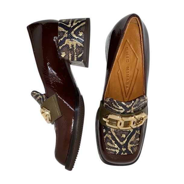 Chie Mihara - Loafer i brun, khaki og snake med guldkde - Boal