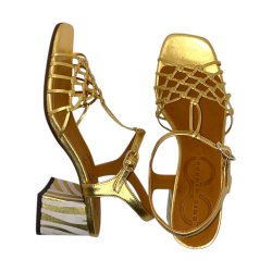 Cie Mihara - Sandal i flettet guld med blokhl i strib - Lantes 