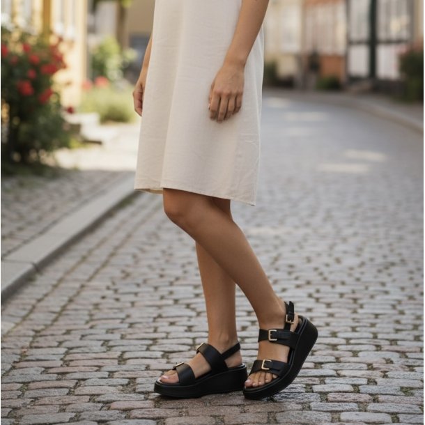 Wonders - Sandal i sort med plateau og kileh�l - AT1057