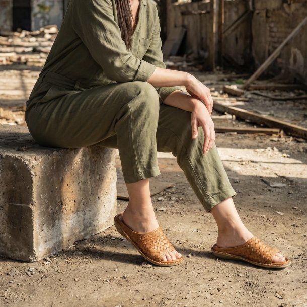 VIBAe - Slippers i cognac flettet skind - Saint tropez woven