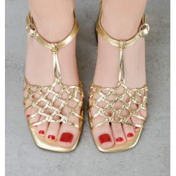 Cie Mihara - Sandal i flettet guld med blokhl i strib - Lantes 