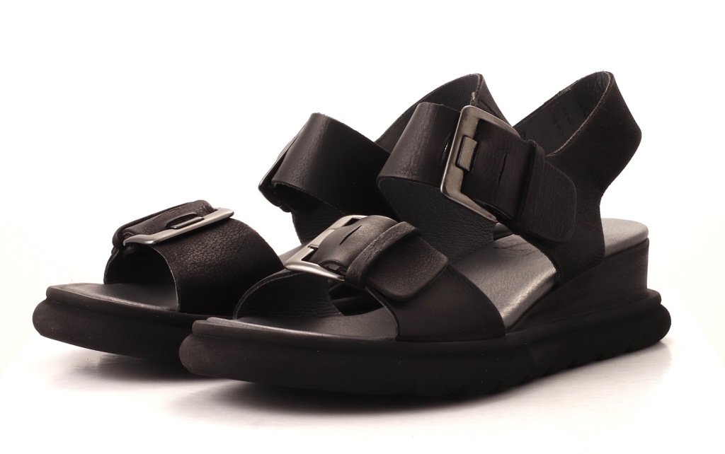 Lofina - Sandal i sort med kilehæl spænder - - Como Shoes
